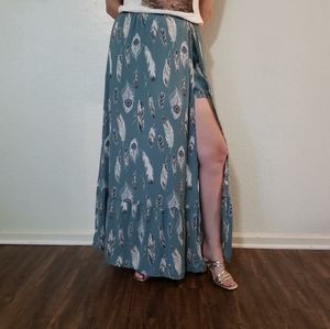 Teal Feather Print Maxi Skirt (Skort) With Side Slit